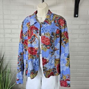 Coldwater Creek Blue Floral Linen Blend Button Up Jacket Large